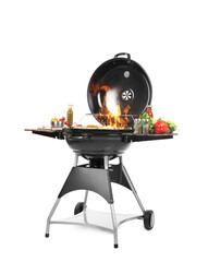 Flaming barbecue grill with cooking meal on white background