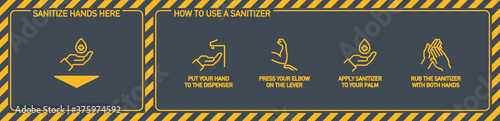 Infographic illustration of How to use hand sanitizer properly. instructions using wall dispenser antiseptic for hand disinfection: press your elbow on button lever, apply sanitizer on palm, rub hands