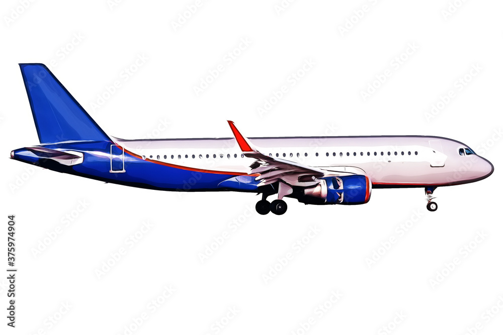 A big blue and silver jet on white background, isolated. A big blue and silver jet on white background, isolated.