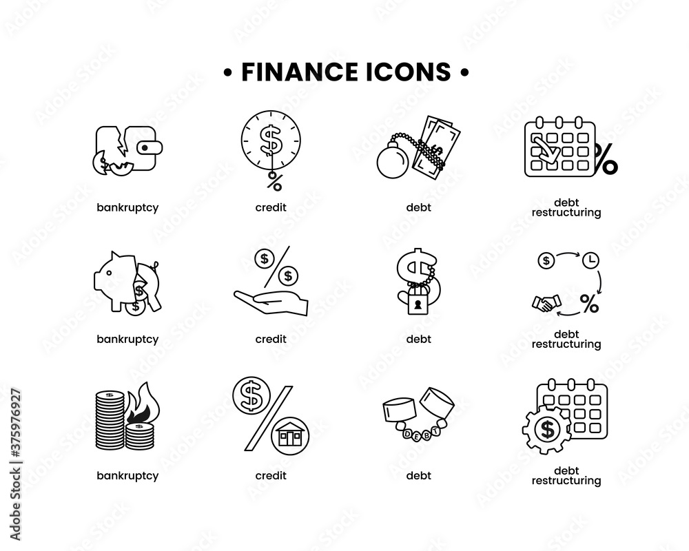 Finance. Vector illustration set of icons debt, debt restructuring, bankruptcy, credit.
