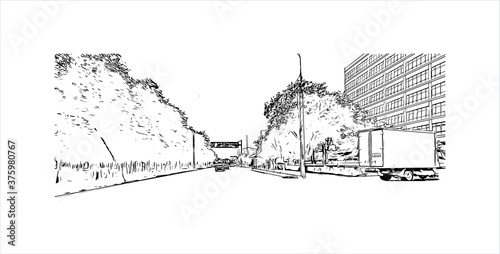 Building view with landmark of Atyrau, formerly known as Guryev until 1991, is a city in Kazakhstan, and the capital of Atyrau Region. Hand drawn sketch illustration in vector.