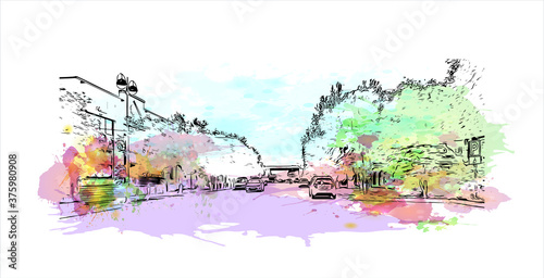 Building view with landmark of Atyrau, formerly known as Guryev until 1991, is a city in Kazakhstan, and the capital of Atyrau Region. Watercolor splash with hand drawn sketch illustration in vector.