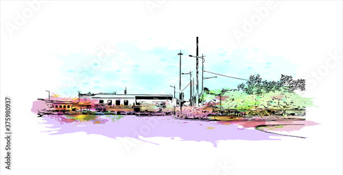 Building view with landmark of Atyrau, formerly known as Guryev until 1991, is a city in Kazakhstan, and the capital of Atyrau Region. Watercolor splash with hand drawn sketch illustration in vector.