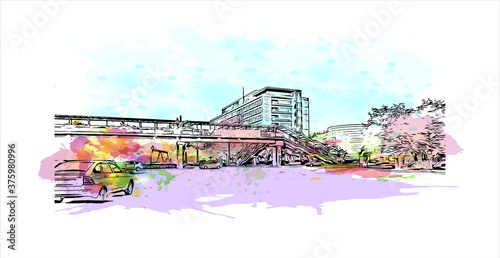 Building view with landmark of Atyrau, formerly known as Guryev until 1991, is a city in Kazakhstan, and the capital of Atyrau Region. Watercolor splash with hand drawn sketch illustration in vector.