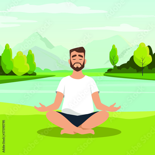 Bearded man sitting with his legs crossed on floor and meditating. Young man in yoga posture doing meditation, mindfulness practice, spiritual discipline at lake. Flat cartoon vector illustration.