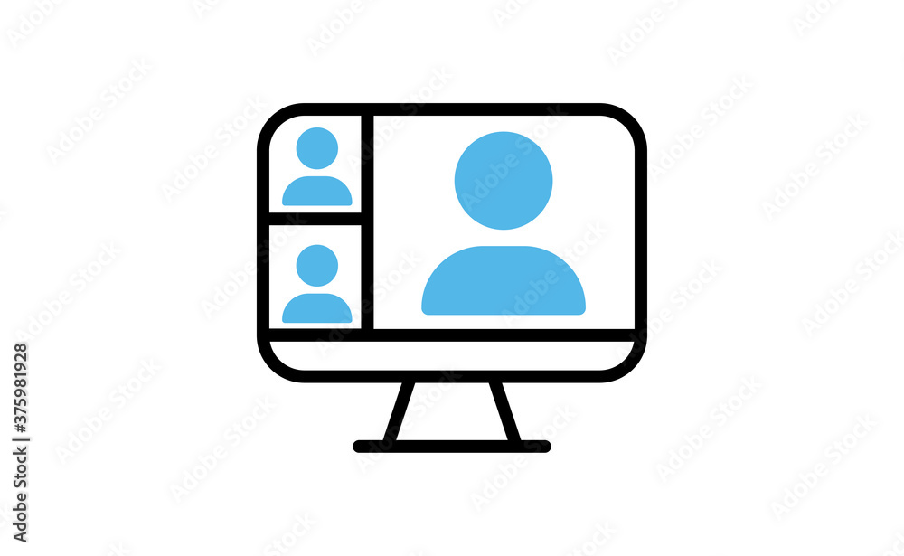 Video conference icon. People on computer screen. Home office in quarantine times. Internet virtual teaching media. Digital communication