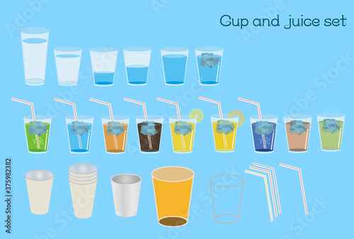 コップとお水、各種ジュース、ストローのイラストのデザインセット