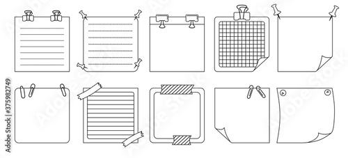 Paper sticky note line set. Blank notes with elements of planning. Notebook collection with curled corners, push pins. Various linear tag business office, writing reminds. Isolated vector illustration
