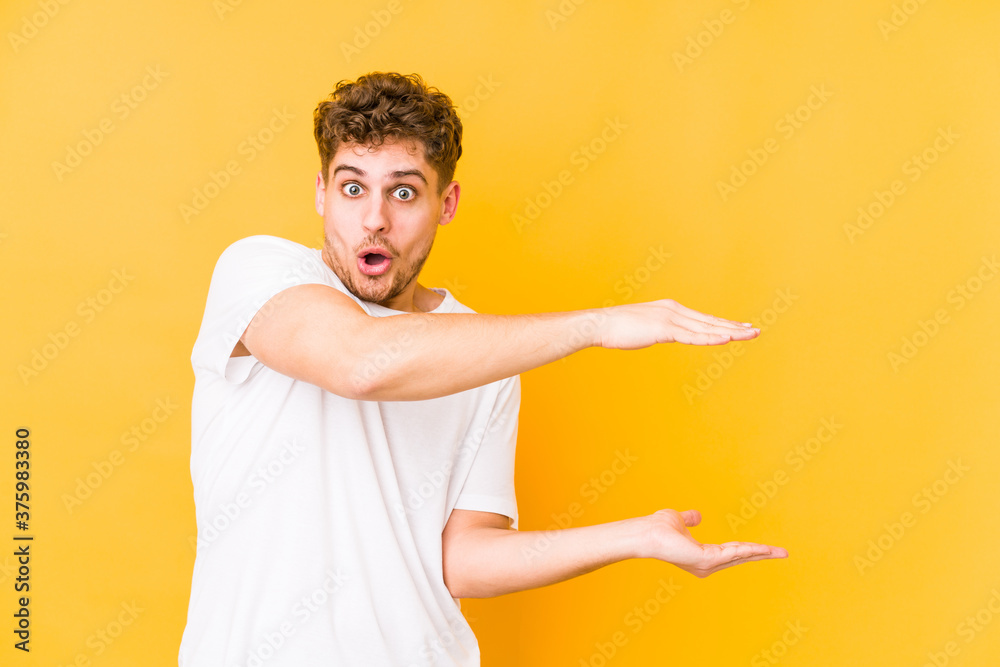 shocked and amazed holding a copy space between hands. shocked and amazed holding a copy space between hands.