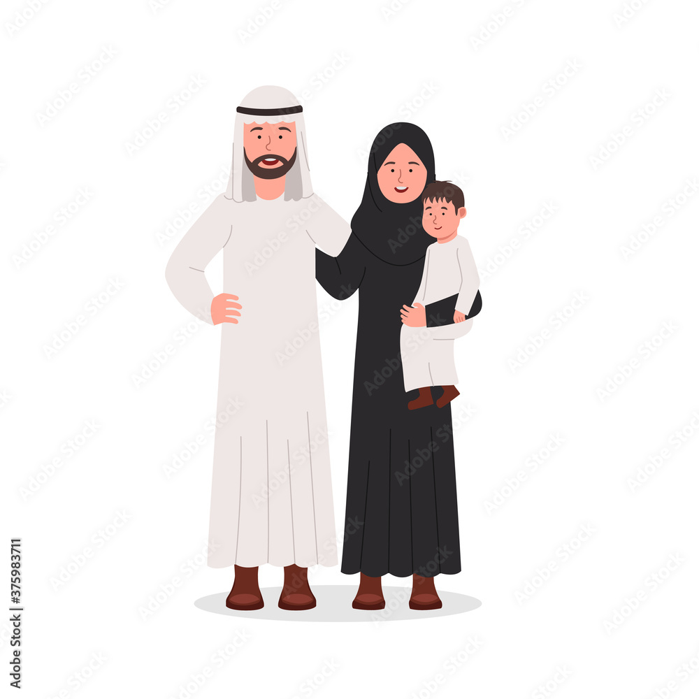 Happy Arabian Family Father, Mother and Son Together Flat Cartoon Illustration