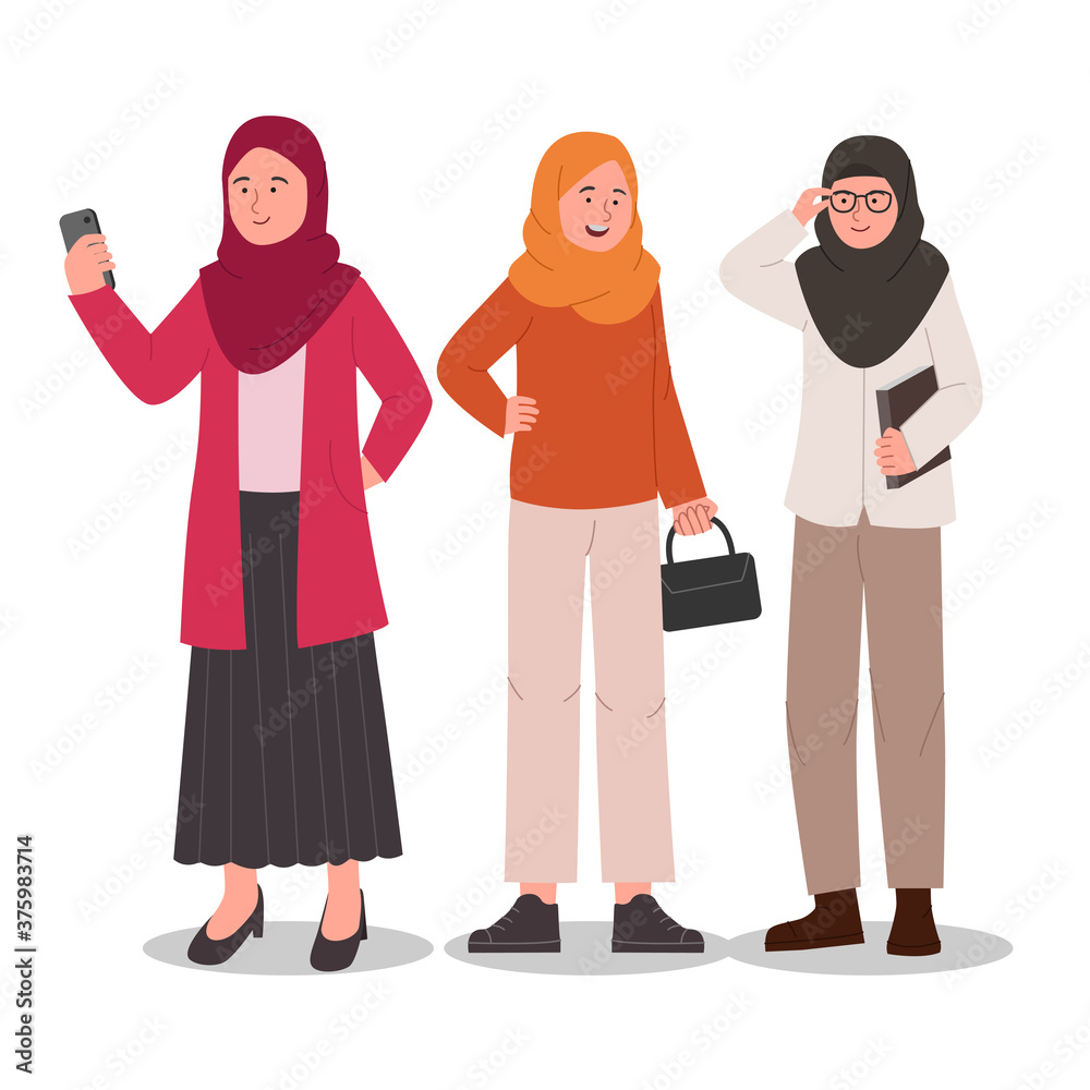 Group Set of Casual Hijab Girl Character Flat Cartoon Illustration