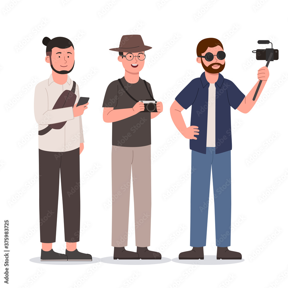 Set Group of Hipster Man With Gadget Flat Illustration Cartoon Set Group of Hipster Man With Gadget Flat Illustration Cartoon