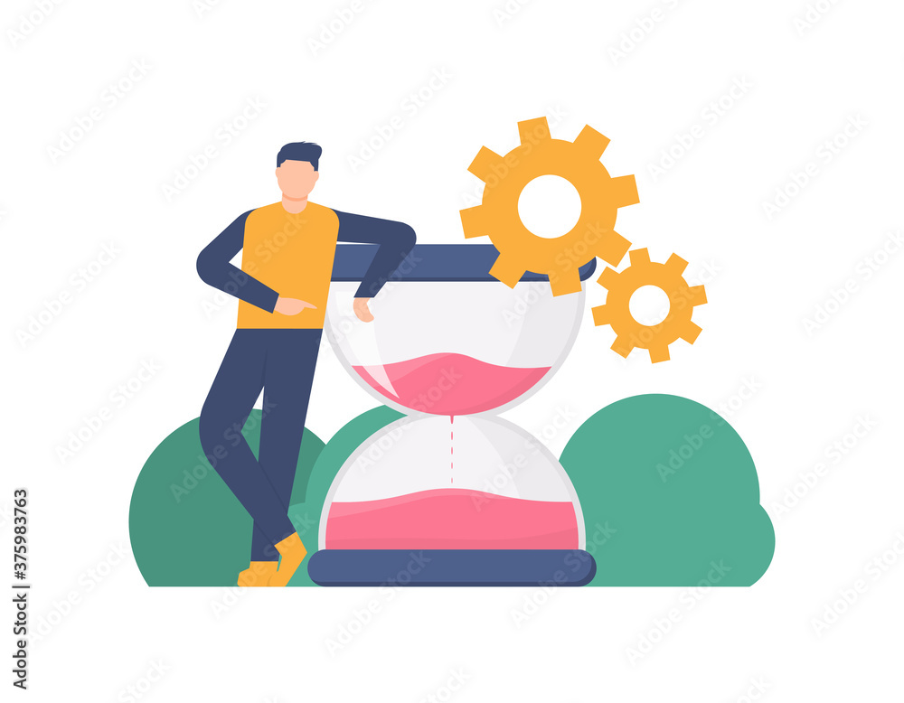 the concept of time management, productivity, time optimization. illustration of a man leaning on an hourglass. flat design. can be used for elements, landing pages, UI, websites.