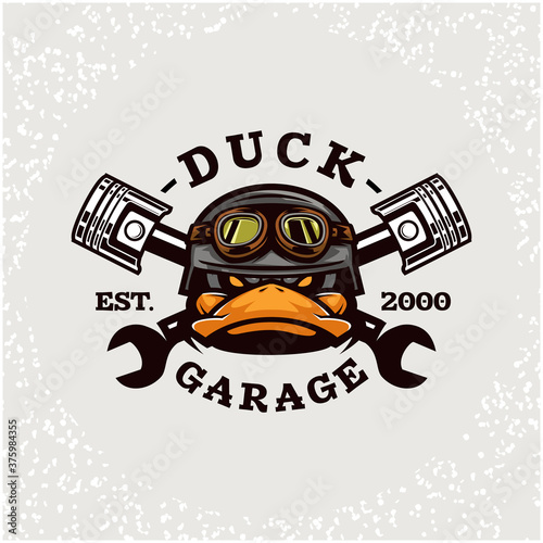 Duck head auto repair and custom Garage  logo. Design element for company logo, label, emblem, sign, apparel or other merchandise. Scalable and editable Vector illustration.