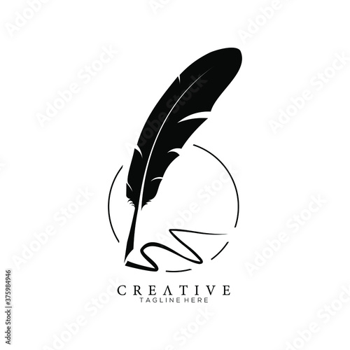 feather pen logo silhouette with circle line vector design template