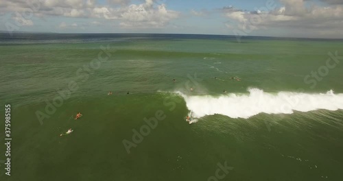 Aerial view of surfer catching wave in polluted green water, Canggu, Bali photo