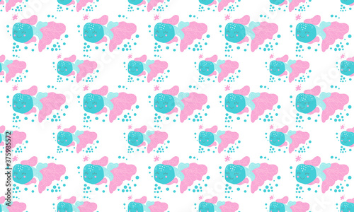 Seamless pattern of cute cheerful blushing fish with, starfishes and bubbles on a white background. Design for baby products, nursery, clothing, fabric, wallpaper in Scandinavian style. Vector.