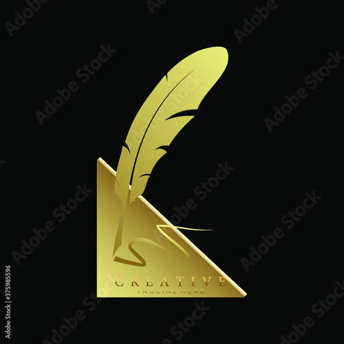 feather pen logo gold with triangle gradation vector design template