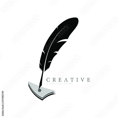 feather pen logo silhouette with 3 Layered arrowheads vector design template