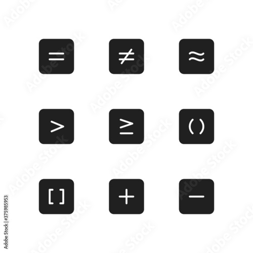 Math icon symbol including equal, algebra, sigma, greater than, less than, parentheses, bracket, plus, minus.