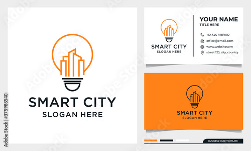 Light Bulb with line art Building Logo Design, Smart City, Real estate, architecture Vector with business card template