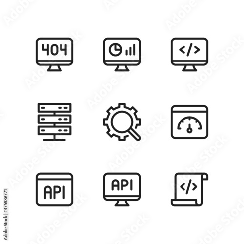 Programming icon set including error, coding, web analytics, hosting, server, seo, optimization, API, code.