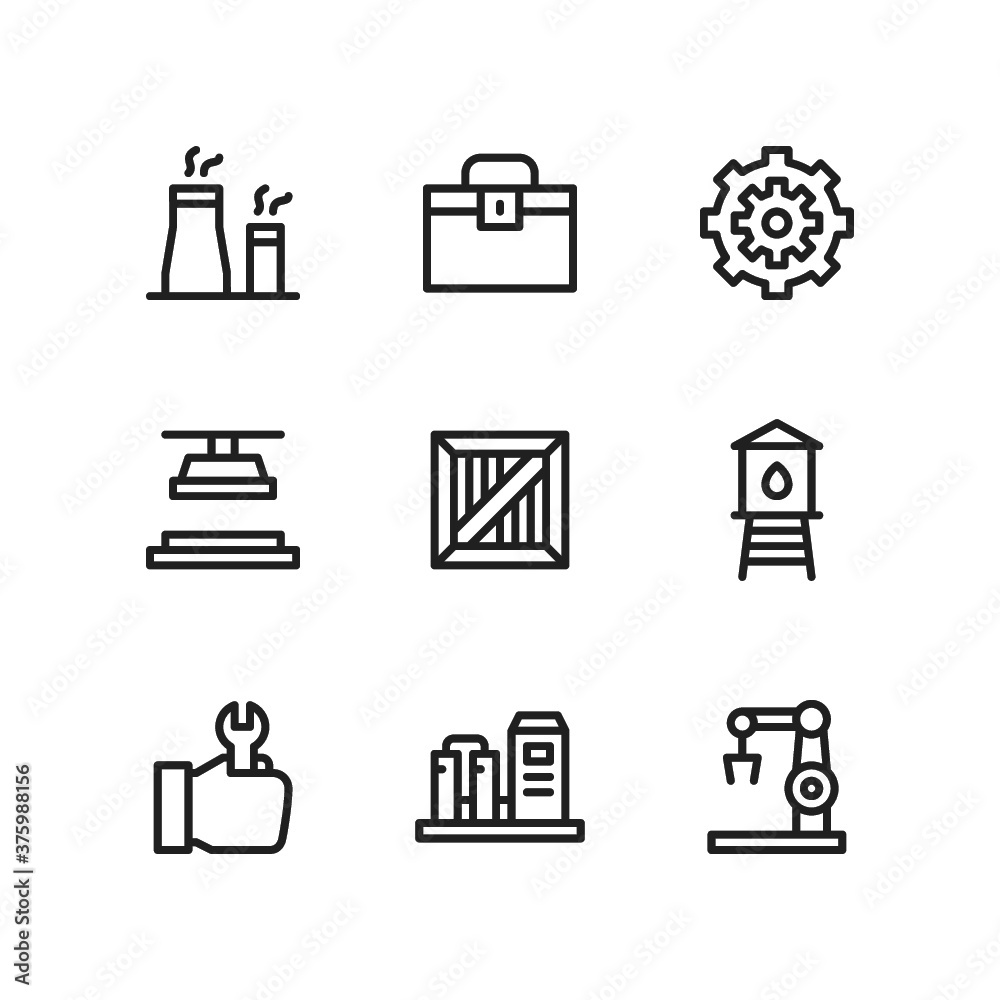 Manufacturing icon set including nuclear, toolbox, engineering, machine, production, crate box, water tower, worker, refinery, machinery.