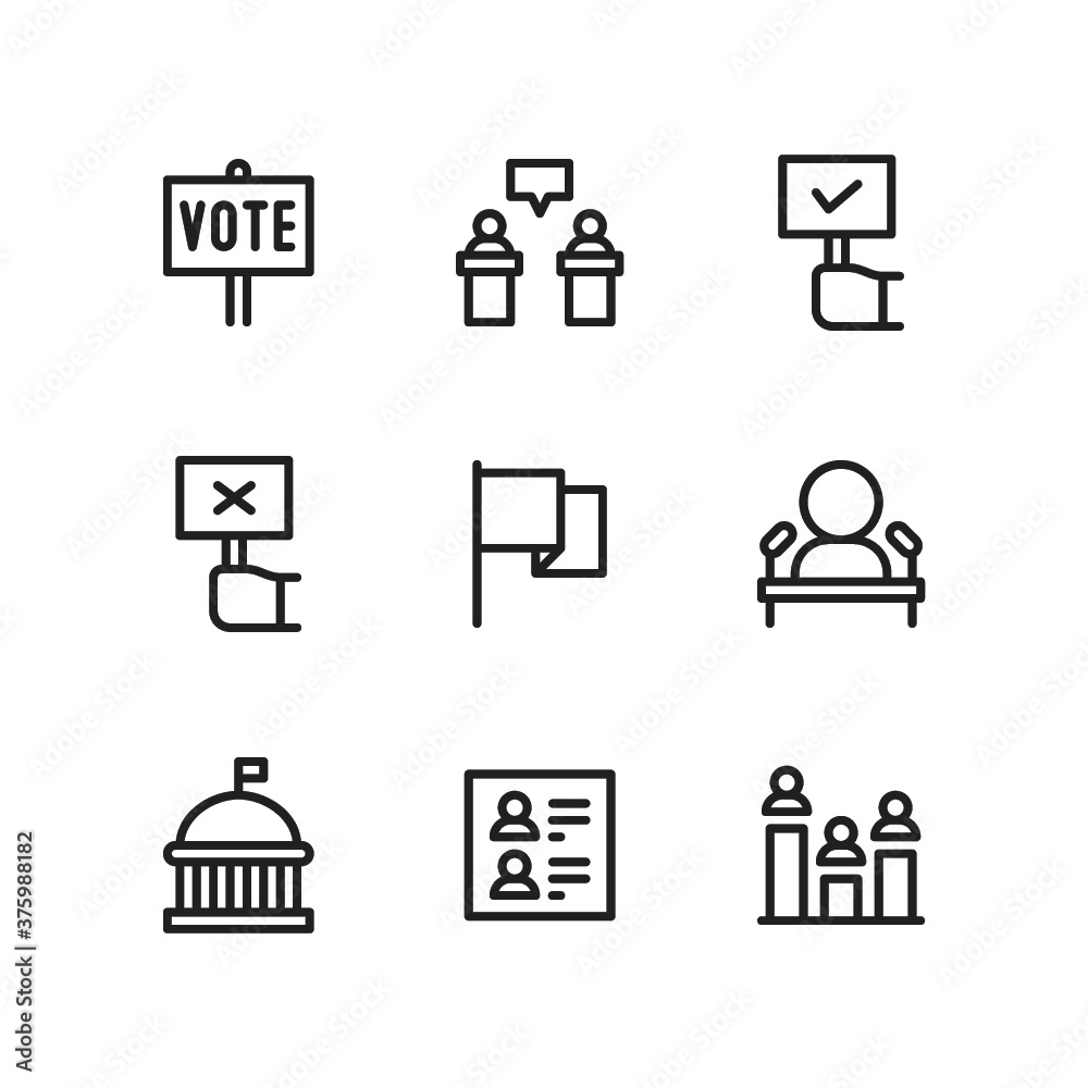Politic icon set including vote, politician, pros, cons, democracy, flag, president, capitol, candidate, polling.