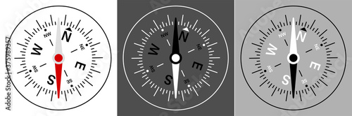 dial of the compass schematic representation with an arrow and scale. Travel, device for determining the location and direction of tourist. Vector