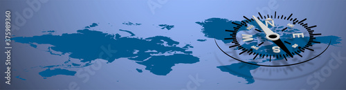Web banner magnetic compass with an arrow on the background of the continents of the earth. A device for determining the location and direction of movement. Choosing direction of world economy. Vector