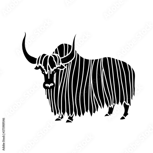 Tibetan yak animal. Black and white vector illustration of mountain bull, standing side view.