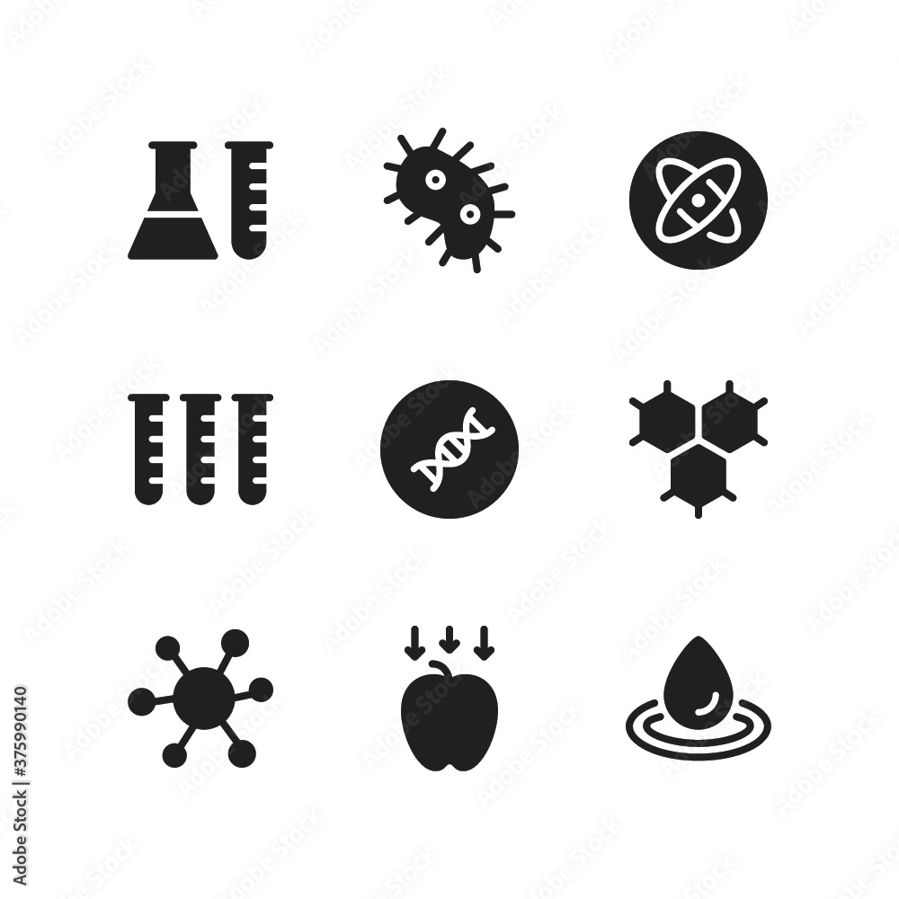 Science icon set including chemistry, bacteria, atom, test tube, dna ...