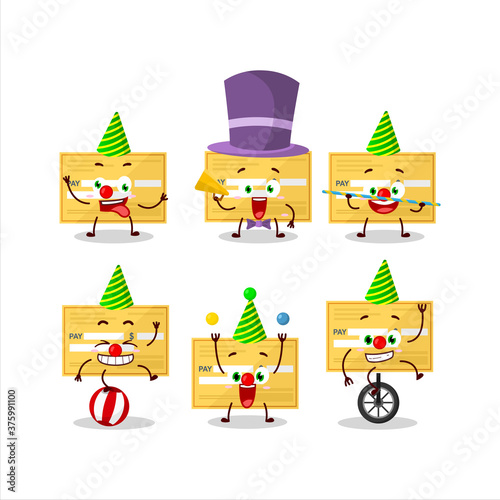 Cartoon character of payment check paper with various circus shows