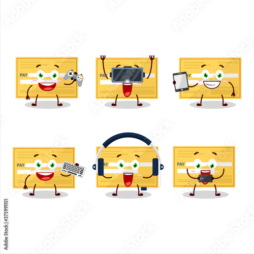 Payment check paper cartoon character are playing games with various cute emoticons