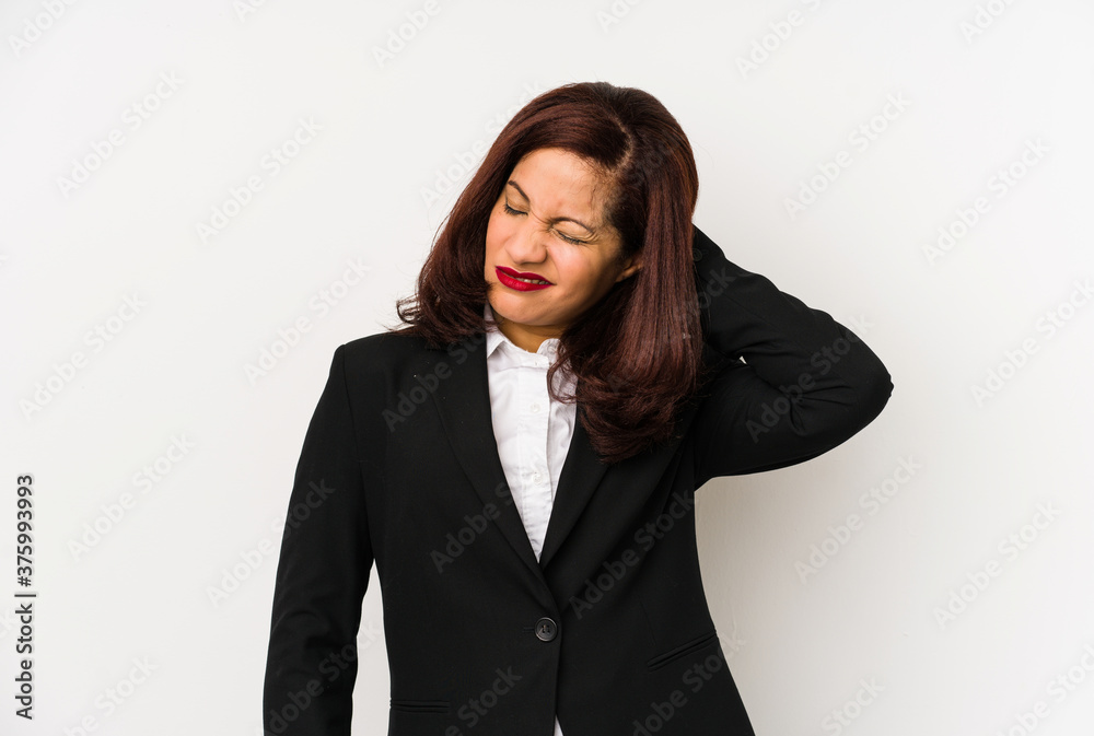 Middle age latin business woman isolated suffering neck pain due to sedentary lifestyle. Middle age latin business woman isolated suffering neck pain due to sedentary lifestyle.