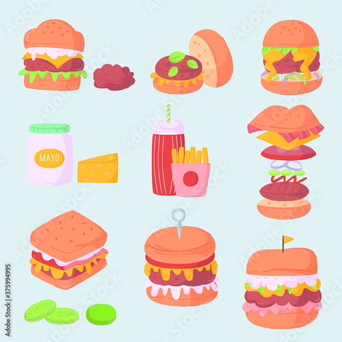 burgers doodles set hand drawn