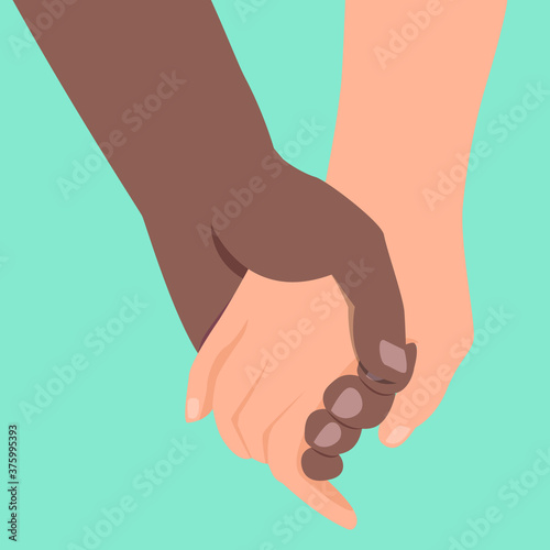 Vector unity concept. Hands with different skin colors holding each other. Simple flat style
