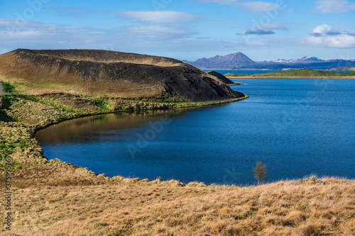 The volcanic craters and lake landscape in Myvatn area, in Iceland, during summer time.