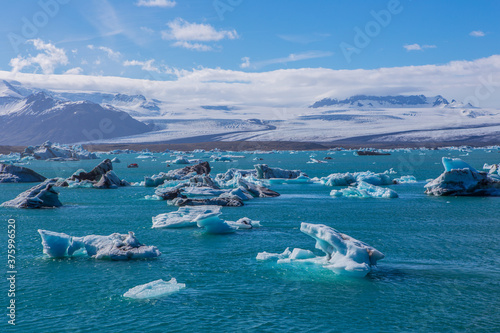 Jokulsarlon Lagoon  a blue glacier lagoon at the south coast of Iceland  on summer time  at a sunny day.
