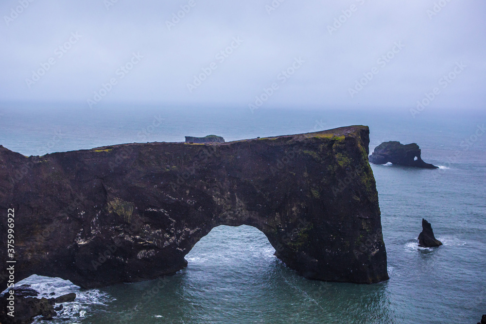 Fototapeta premium Dyrholaey, the south corner at the coast of Iceland, on a cloudy day, summer time.
