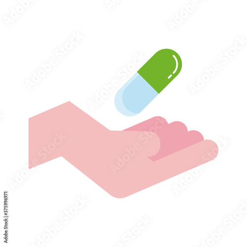 hand with medicine capsule drugs flat style icon