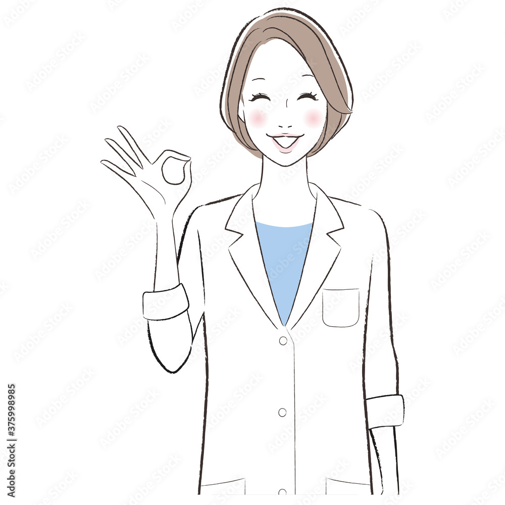A woman doctor wearing white lab coat showing ok sign. A woman doctor wearing white lab coat showing ok sign.