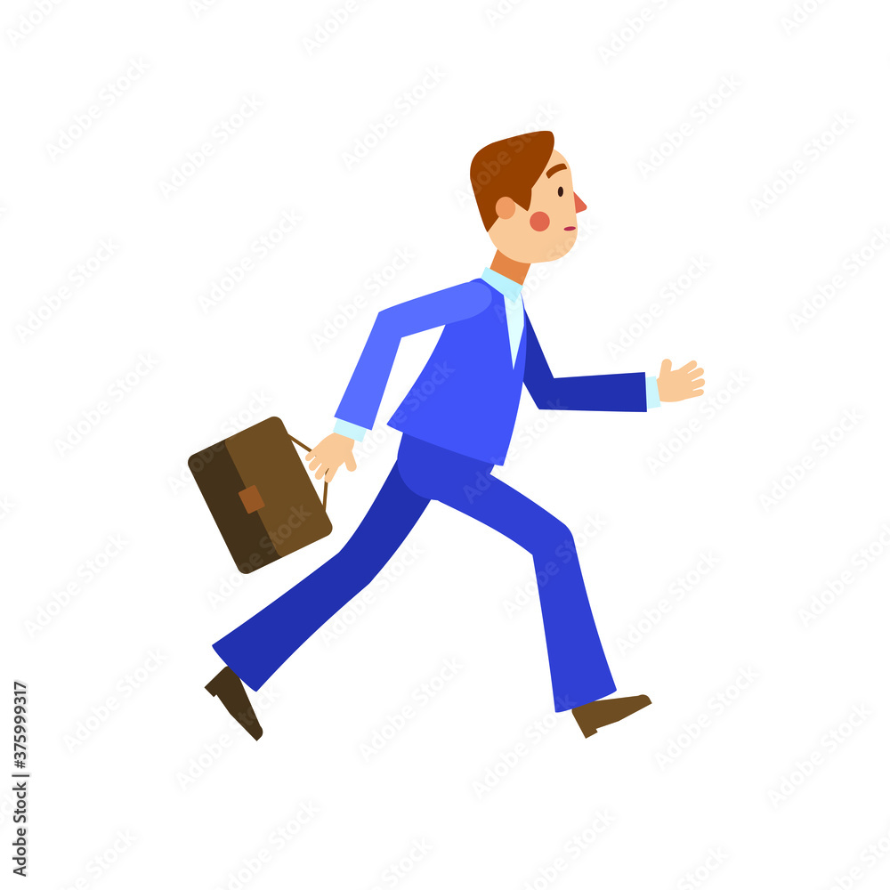 Running business man in a blue suit, with briefcase. Employee in a hurry. Flat design, cartoon vector illustration.