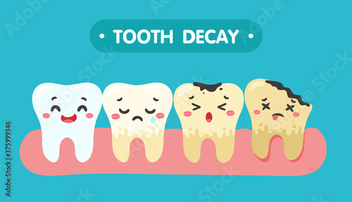 Cartoon teeth and gums inside the mouth are happy with the problem of tooth decay. There are plaque on the teeth.