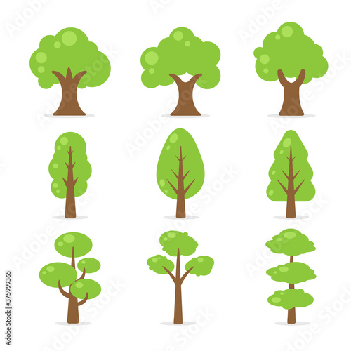 Flat tree collection. Simple shapes of green trees Isolated on white background.