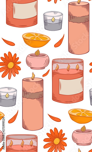 Seamless pattern with relax candles in row. Coloring sketch. Various wax candles with orange, calendula flower and petal. Vector spa, relaxation element for wallpaper, backdrop and textile