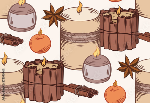 Seamless pattern with relax candles in row. Coloring sketch with hatching. Various wax candles with star anise, cinnamon stick. Vector spa, relaxation elements for wallpaper, backdrop and textile