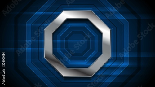 Dark blue technology background with metallic octagon photo