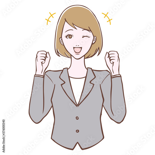 スーツを着た若い女性　元気ポーズ　イラスト