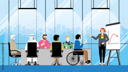 Collaboration of diversity people in  office meeting room. LGBT, transgender, Gay, Muslim, Handicapped, Black lady, Different ages, Nationalities, Genres. Equality concept in workplace.